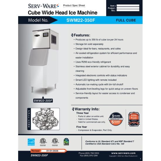 图片 Serv-Ware SWM22-350F 制冰机 350 磅日产量 |美国设备直销 (SWM22-550CN)