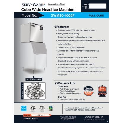 图片 Serv-Ware SWM30-1000F 制冰机 1000 磅容量 |美国设备直销