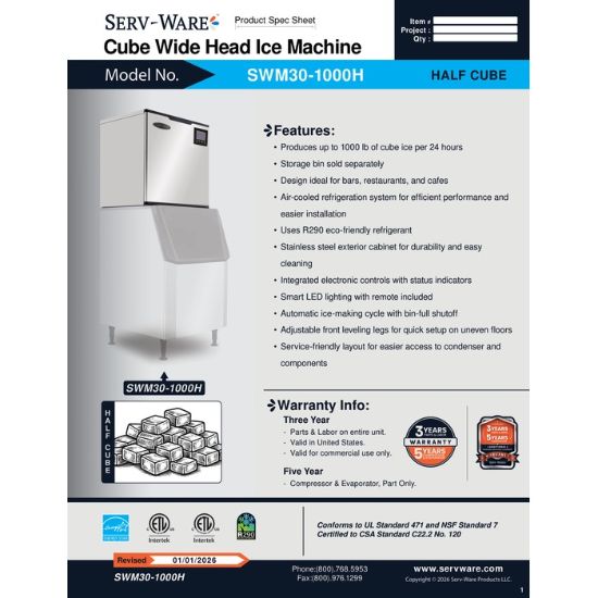 图片 Serv-Ware SWM30-1000H 大容量制冰机 |美国设备直销