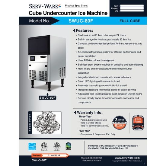 图片 Serv-Ware SWUC-80F 制冰机，带箱式立方体 |美国设备直销