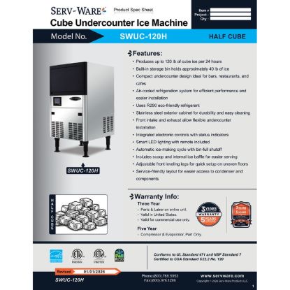 图片 Serv-Ware SWUC-120H 制冰机，带箱式立方体 |美国设备直销