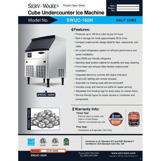 图片 Serv-Ware SWUC-160H 制冰机，带箱式立方体 |美国设备直销