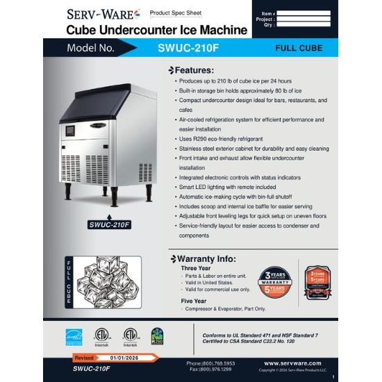 图片 Serv-Ware SWUC-210F 立方体式制冰机带箱 |美国设备直销