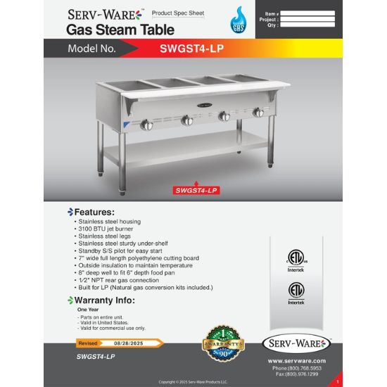 图片 Serv-Ware SWGST-3-LP 热食柜台燃气 |美国设备直销 (SWVB-3-LP)